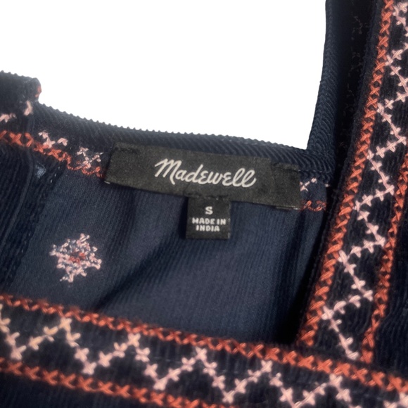Madewell Small Corduroy Navy Peasant Top Cross Stitch Embroidered 100% Cotton - Picture 2 of 7